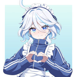  1girl ahoge apron aqua_background back_bow blue_eyes blue_hair blue_jacket blue_ribbon blush border bow closed_mouth colored_inner_hair commentary drop-shaped_pupils embarrassed frilled_apron frills furina_(genshin_impact) genshin_impact hair_intakes hair_ribbon heart heart_hands heterochromia highres jacket jersey_maid long_sleeves looking_at_viewer maid maid_apron maid_headdress mismatched_pupils multicolored_hair nose_blush outside_border raised_eyebrows ribbon solo split_mouth streaked_hair sweatdrop symbol-shaped_pupils track_jacket unconventional_maid welchsbinn white_apron white_border white_bow white_hair 