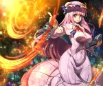  1girl adapted_costume book breasts capelet crescent dress floral_print hat large_breasts long_hair long_sleeves looking_at_viewer magic mob_cap open_book patchouli_knowledge pink_dress pink_hair red_eyes solo touhou umigarasu_(kitsune1963) very_long_hair wide_sleeves 