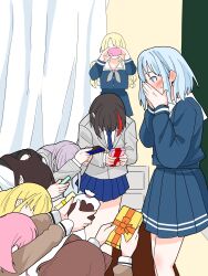  6+girls bang_dream! black_hair blonde_hair blue_hair blue_necktie blue_shirt blue_skirt brown_hair commentary_request cone_hair_bun gift grey_hair grey_jacket hair_bun hanasakigawa_school_uniform haneoka_school_uniform highres jacket kurata_mashiro long_hair long_sleeves maruyama_aya medium_hair minato_yukina mitake_ran multiple_girls nanami_(nunnun_0410) necktie pink_hair pleated_skirt red_streaks school_uniform shirasagi_chisato shirt skirt taking_picture toyama_kasumi tsukino_usagi tsurumaki_kokoro valentine wakana_rei 