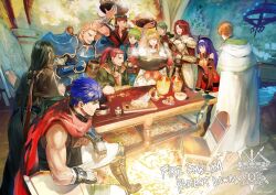  3girls 6+boys ahoge armor blonde_hair blue_hair bottle boyd_(fire_emblem) chair closed_eyes commentary copyright_name cup fire_emblem fire_emblem:_radiant_dawn gatrie_(fire_emblem) green_eyes green_hair hairband headband holding holding_bottle holding_cup holding_tray ike_(fire_emblem) long_hair mia_(fire_emblem) mist_(fire_emblem) mug multiple_boys multiple_girls nanathuika orange_hair oscar_(fire_emblem) plate plate_stack ponytail purple_hair rhys_(fire_emblem) rolf_(fire_emblem) shinon_(fire_emblem) short_hair sitting smile soren_(fire_emblem) titania_(fire_emblem) tray 
