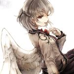  1girl bowtie braid dress hisona_(suaritesumi) kishin_sagume long_sleeves looking_at_viewer open_mouth ponytail profile purple_dress red_eyes short_hair silver_hair simple_background single_wing smile solo touhou upper_body vest white_background wings 