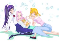  4girls aged_up aqua_skirt asahina_mirai blue_skirt cure_mofurun genesishisyou hanami_kotoha hand_on_own_chin heart heart_hands heart_hands_duo in_person izayoi_liko mahou_girls_precure! multiple_girls precure sitting sitting_on_person skirt 