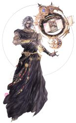  1boy absurdres armlet astrologian_(final_fantasy) black_dress bracelet card dress elezen elf facial_tattoo final_fantasy final_fantasy_xiv floating floating_card floating_object floating_weapon full_body grey_hair highres holding holding_card jewelry looking_at_viewer male_focus neck_ring pointy_ears ring ruoyi120 short_hair simple_background solo standing tattoo urianger_augurelt white_background 