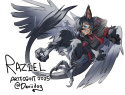  1boy 2025 animal_ears animal_feet animal_hands art_fight_attack bird_legs black_hair black_hoodie blue_eyes borrowed_character claws clenched_teeth dated deviidog0 english_commentary feathered_wings flying fur-tipped_tail gift_art grey_wings hair_over_one_eye highres hood hoodie male_focus monster_boy original sharp_teeth short_hair shorts simple_background solo tail talons teeth white_background wings 