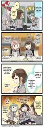 4koma 6+girls aoba_moca bang_dream! blue_necktie blue_skirt brown_necktie brown_skirt comic english_text faceless faceless_female haneoka_school_uniform hazawa_tsugumi hikawa_hina holding_pen long_sleeves mitake_ran official_art paper paper_stack school_uniform short_hair speech_bubble sweatdrop translated uehara_himari