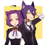  2girls animal_ears cat_ears checkered_necktie dog_ears eyepatch fang grin hi-inu highres kantai_collection kemonomimi_mode looking_at_viewer mechanical_halo mole multiple_girls necktie open_mouth purple_hair ribbon sharp_teeth short_hair smile tatsuta_(kantai_collection) tenryuu_(kantai_collection) violet_eyes yellow_eyes 