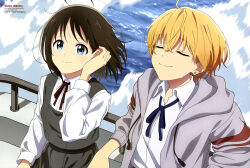  2girls absurdres against_railing anime_coloring artist_name black_hair black_ribbon blonde_hair blue_eyes closed_eyes collared_shirt copyright_name copyright_notice day drawstring dress earrings facing_ahead green_dress grey_jacket hana_wa_saku_shura_no_gotoku haruyama_hana highres hood hood_down hooded_jacket jacket jewelry long_sleeves looking_ahead loose_neck_ribbon multiple_girls neck_ribbon newtype ocean official_art open_clothes open_collar open_jacket outdoors pinafore_dress railing ribbon school_uniform shirt short_hair sleeveless sleeveless_dress sleeves_pushed_up smile standing stud_earrings third-party_source tucking_hair usurai_mizuki water white_shirt yuiti_hinata 