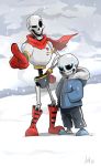  2boys armor boots brothers gloves glowing glowing_eyes grin hands_in_pockets hoodie multiple_boys papyrus_(undertale) pointing pointing_at_viewer sans scarf shorts siblings signature skeleton slippers smile snow tagme undertale vengefulspirits 