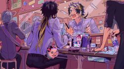  4boys :o aimono_jyushi applying_makeup ascot bag bangs_pinned_back belt black_hair black_nails black_pants black_shirt blonde_hair blue_eyes bottle ceiling_light cellphone clock clothes_rack dressing_room ear_piercing earrings electrical_outlet fangs feet_out_of_frame frilled_shirt_collar frilled_sleeves frills from_behind grey_hair gumiuchi hair_ornament hairclip hand_on_table harai_kuko highres holding holding_bottle holding_brush holding_makeup_brush holding_makeup_palette hypnosis_mic jewelry leaning_forward leather leather_pants long_hair looking_at_reflection makeup_brush makeup_palette male_focus marker mirror multicolored_hair multiple_boys multiple_piercings multiple_rings nail_polish object_on_lap object_request on_stool open_mouth pants parted_hair phone piercing purple_bag red_hair reflection ring shirt short_hair sitting sleeves_pushed_up smartphone solo_focus standing stool streaked_hair studded_belt stuffed_animal stuffed_pig stuffed_toy sweatdrop table teeth v-shaped_eyebrows video_call visual_kei wall_clock water_bottle white_ascot white_shirt wide-eyed wireless_earphones 