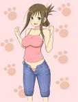  1girl breasts brown_hair camisole capri_pants clenched_hands denim folded_ponytail green_eyes hair_ornament hairclip highres jeans kurobuta_(iina) long_hair midriff open_mouth panties pants pink_panties ponytail smile solo sophia_esteed star_ocean star_ocean_till_the_end_of_time unbuttoned underwear unzipped 