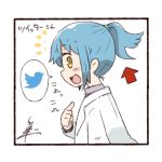  1girl blue_hair character_name commentary directional_arrow personification pointing ponytail signature solo symbolism tsukigi twitter upper_body yellow_eyes 