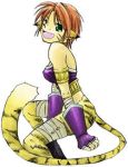  1girl animal_ears artist_request blush breasts breath_of_fire breath_of_fire_ii bustier cat_ears cat_tail claws facial_mark full_body furry gloves green_eyes lowres no_panties no_pants open_mouth orange_hair rinpoo_chuan solo source_request tail 