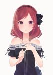  1girl bangs bare_shoulders black_bow blush bow clenched_hand collarbone d: eyebrows eyebrows_visible_through_hair frills hair_bow hairband highres kobutakurassyu looking_at_viewer love_live!_school_idol_project nishikino_maki open_mouth parted_lips redhead short_sleeves simple_background solo spread_fingers swept_bangs upper_body violet_eyes white_background 