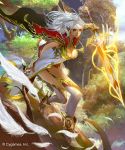  1girl bird branch breasts cleavage dark_skin earrings elf forest garter_straps gloves highres jewelry large_breasts leaf looking_up magic nature necklace orange_eyes pointy_ears silver_hair solo sword thigh-highs victor_bang water waterfall weapon 