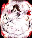  alternate_color bad_id bow brown_hair concealed_the_conclusion detached_sleeves gohei hair_bow hakurei_reimu kongara midriff navel ofuda red_eyes sarashi solo touhou white wide_sleeves 