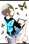  barefoot brown_hair butterfly cable computer drawing jewelry looking_back original pata_cable recursion short_hair sitting stylus tablet ushi_(ushi_manji) wire yellow_eyes 