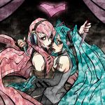  aqua_hair detached_sleeves genk hatsune_miku headset highres hug knife long_hair megurine_luka multiple_girls pink_hair vocaloid 