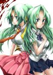  back_to_back green_eyes green_hair hatsuka_nezumi higurashi_no_naku_koro_ni long_hair ponytail sonozaki_mion sonozaki_shion 