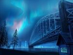  1024x768 aurora_borealis blue bridge building city deer landscape night no_humans original pine_tree scenery seo_tatsuya skyscraper star tree wallpaper water 