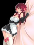  bed blush breasts cleavage dream_c_club elbow_gloves gloves hair_bow hair_ribbon highres hozumi_takashi large_breasts long_hair lying red_eyes red_hair ribbon solo thigh-highs thighhighs zettai_ryouiki 