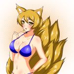  bad_id bikini blonde_hair blush brown_hair fox_ears fox_tail large_breasts multiple_tails pizaya s_tanly short_hair solo swimsuit tail touhou yakumo_ran yellow_eyes 