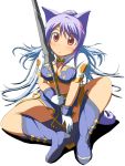  animal_ears boots dog_ears highres judith kemonomimi_mode mirano polearm purple_hair red_eyes simple_background sitting solo spear tales_of_(series) tales_of_vesperia weapon 