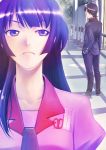  bakemonogatari black_hair blue_eyes long_hair monogatari_(series) purple_hair ruler school_uniform scissors senjougahara_hitagi short_hair yusao 