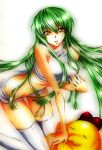 bad_id bare_shoulders breasts c.c. cc cheese-kun code_geass green_hair large_breasts midriff pizza_hut solo thigh-highs thighhighs thighs yellow_eyes 
