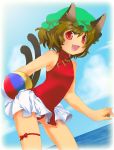  ball beachball brown_hair cat_ears cat_tail chen earrings flat_chest hat jewelry multiple_tails shige_(pixiv) short_hair smile solo tail touhou 