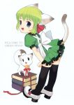  animal_ears apron bell black_legwear blue_eyes book cat cat_ears green_hair greenwood hair_ribbon highres jingle_bell mibu_natsuki midori midori_(greenwood) midori_style open_mouth original ribbon tail thigh-highs thighhighs 