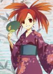  1girl asuna_(pokemon) emunise fan flannery gym_leader japanese_clothes kimono pokemon pokemon_(creature) pokemon_(game) pokemon_rse red_eyes red_hair redhead smile solo torchic 