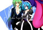  alternate_costume bad_id breasts cleavage contemporary formal gothic_lolita harushioto haruyonoto heterochromia karakasa_obake kochiya_sanae lolita_fashion no_bra open_clothes open_shirt pant_suit shirt suit tatara_kogasa tongue touhou umbrella 