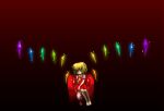  arm_support armchair barefoot blonde_hair flandre_scarlet hair_down hat hat_removed headwear_removed holding holding_hat ohyo red_eyes short_hair simple_background solo touhou wings 