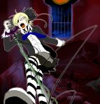  bespectacled blonde_hair closed_eyes coffin fangs glare_(vocaloid) glasses highres kagamine_rin microphone microphone_stand open_mouth ribbon sabuibo_maru short_hair solo striped striped_legwear striped_thighhighs thigh-highs thighhighs vampire vocaloid zettai_ryouiki 