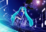  aqua_hair blue_eyes earth elbow_gloves gloves hatsune_miku lens_flare long_hair misaki_(pixiv391869) musical_note solo speaker thigh-highs thighhighs twintails vocaloid zettai_ryouiki 