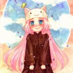  blue_eyes blush butterfly cat_hat haruka_(maake) hat long_hair megurine_luka megurine_luka_(toeto) pink_hair smile solo tears toeto_(vocaloid) traditional_media vocaloid 