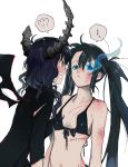  angry bikini bikini_top black_hair black_rock_shooter black_rock_shooter_(character) blue_eyes bruise dead_master front-tie_top glowing glowing_eye glowing_eyes green_eyes horns injury long_hair multiple_girls navel scar stitches swimsuit tears torn_clothes twintails uneven_twintails very_long_hair wings yuriko_(kkk9) 