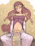  brown_eyes elbow_gloves elf gloves humio long_hair midriff nintendo pauldrons pointy_ears princess_zelda purple_eyes sitting sketch solo spread_legs the_legend_of_zelda tiara twilight_princess 