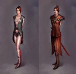 breasts cleavage concept_art earthrise red_hair sword tattoo weapon 
