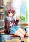  book cardigan curtains glasses glasses_removed highres holding holding_glasses kaishaku nagato_yuki petals scan school_uniform serafuku shoes short_hair silver_hair sitting socks suzumiya_haruhi_no_yuuutsu uwabaki window 