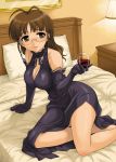  antenna_hair ass back bare_shoulders barefoot bed bed_sheet black_dress breasts brown_eyes brown_hair choker cleavage cupping_glass dress drunk elbow_gloves evening_gown feet glass glasses gloves hair_down hida_tatsuo idolmaster legs long_dress long_hair shy solo wine 