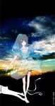  bakemonogatari barefoot blue_eyes breasts cleavage cloud clouds dress monogatari_(series) ribbon scenery senjougahara_hitagi sky 