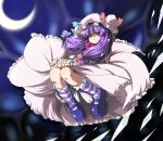  bow flying hat moon night nightgown patchouli_knowledge purple_eyes purple_hair ribbon socks solo striped striped_socks tajima_yuuki touhou 