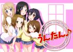  akiyama_mio black_eyes black_hair blonde_hair blue_eyes brown_eyes brown_hair hirasawa_yui hug k-on! kotobuki_tsumugi long_hair multiple_girls nakano_azusa pokopen school_uniform short_hair tainaka_ritsu twintails v 