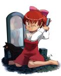  cat child gegege_no_kitarou hair_brush hair_comb kneeling loli mirror nekomusume red_hair redhead reflection sitting wince wink yukihiroyuki 