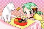  cat drill_hair food fork green_eyes green_hair hair_ornament kanaria rozen_maiden sakuragi_akira short_hair 