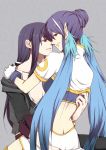  1girl blue_hair gloves grey_background highres judith long_hair pointy_ears rass red_eyes tales_of_(series) tales_of_vesperia white_gloves yuri_lowell 