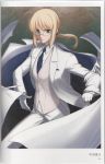  androgynous bespectacled blonde_hair cape chuuou_higashiguchi fate/stay_night fate/zero fate_(series) formal glasses green_eyes highres pant_suit ponytail saber scan suit waistcoat 