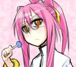  bell belt blazblue bracelet cat_ears frown glasses jewelry kokonoe kokonoe_(blazblue) long_hair lowres midriff multiple_tails pink_hair ponytail scientist solo tail yellow_eyes 