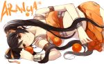  arancia black_hair character_name food fruit long_hair lying midriff orange orange_dress original skirt smile solo twintails uhouho14 white_background 